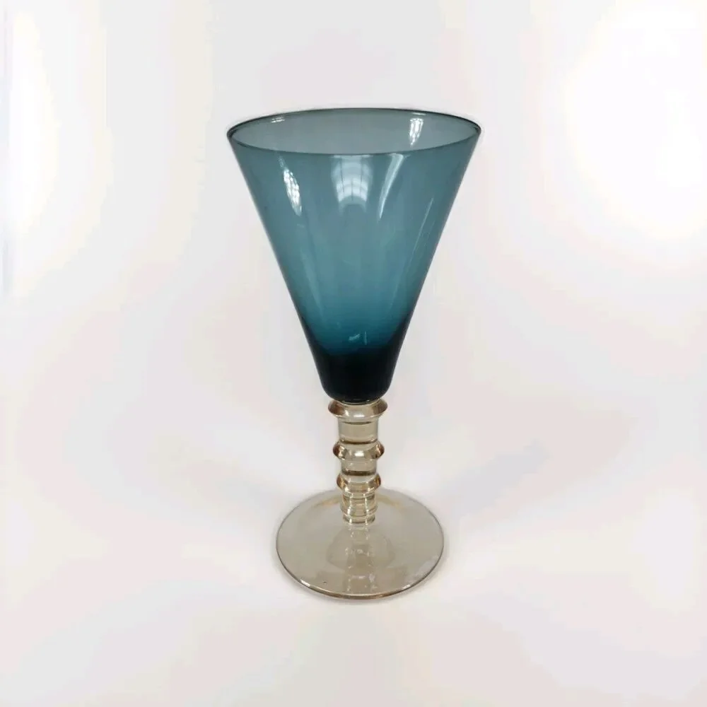 Vintage MCM Smoky Blue Glass Goblet Amber Stepped Ribbed Stem 2-Tone Wine Glass